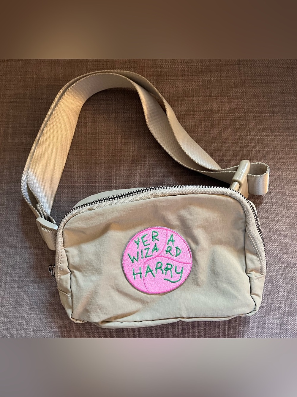 Light green/Beigy belt Bag with Pink 'Yer a Wizard Harry' Patch - DIY